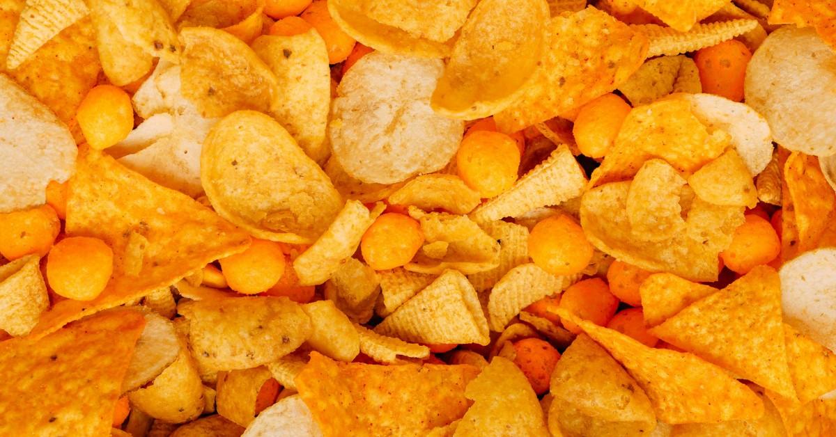 A pile of chips and other snack foods