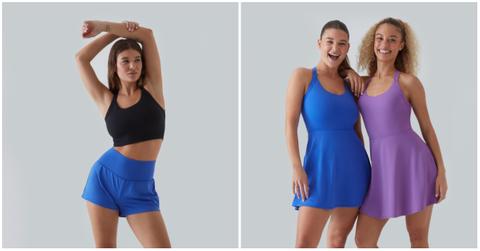 A model wears a black bra and blue shorts from Halara (left), two models wear a blue and purple dress from Halara (right).