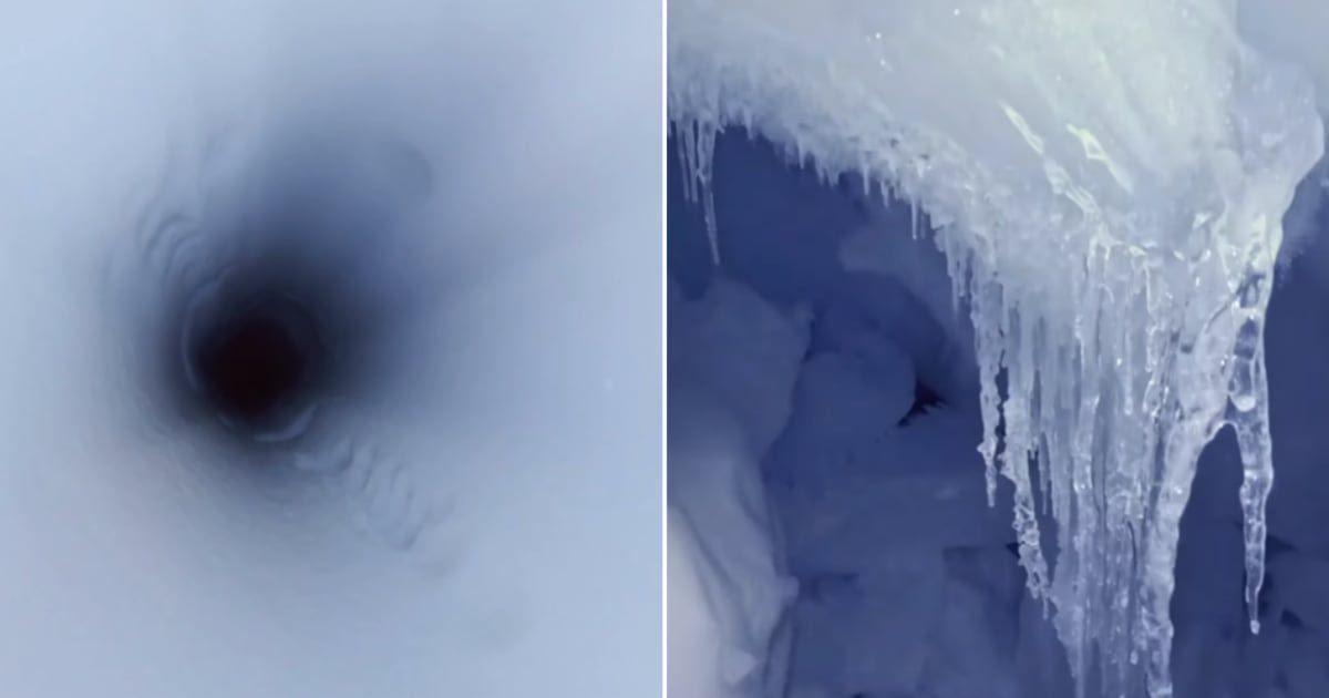 (L) Camera's view inside a borehole drilled into Thwaites Glacier; (R) Ice structures captured underneath. (Cover Image Source: YouTube | @British Antarctic Survey)