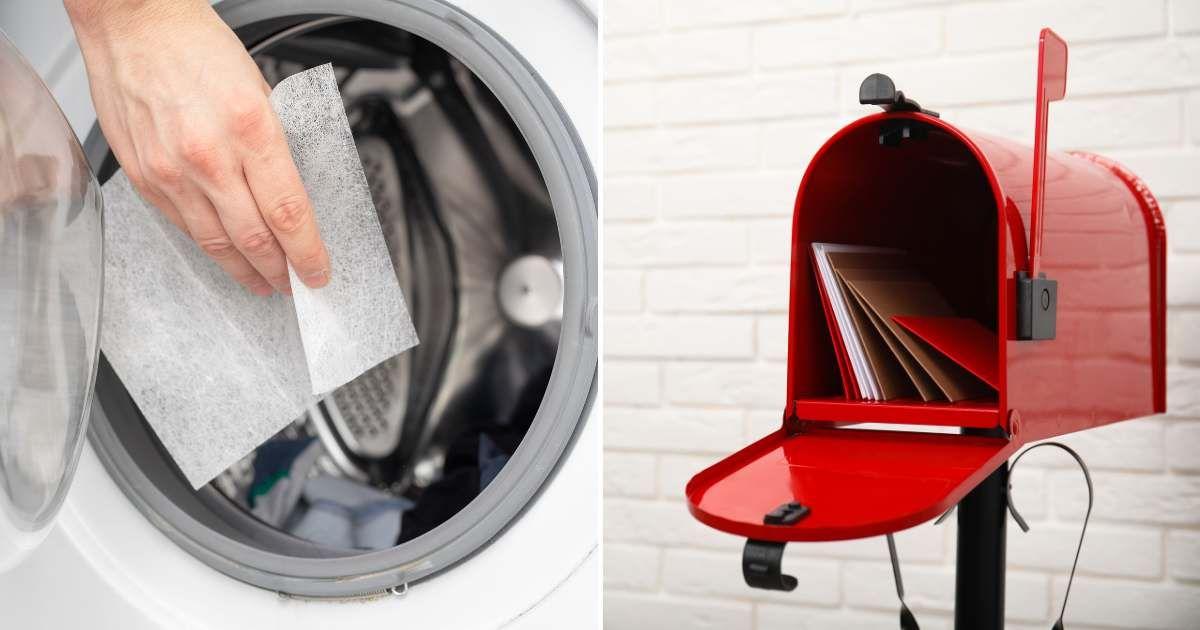 (L) A person drops an aromatic dryer sheet in a washing machine. (R) An opened mailbox with letters in it. (Representative Cover Image Source: Getty Images | (L) Wirestock, (R) Liudmila Chernetska)