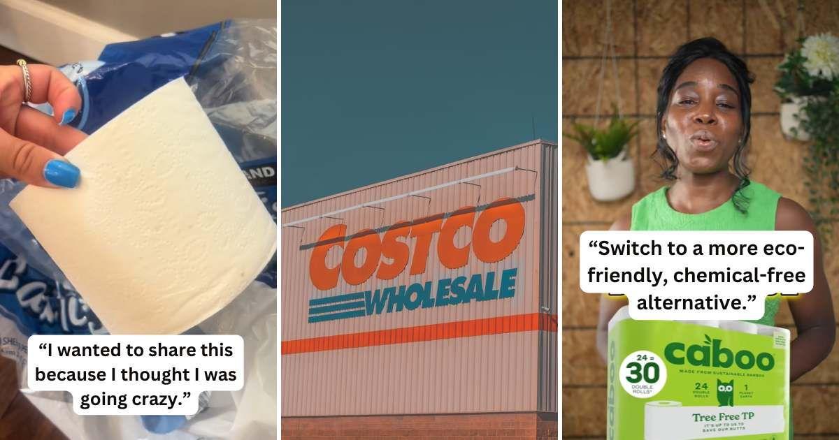 Costco customers express disappointment after buying Kirkland toilet paper rolls (Cover Image Source: TikTok | (L) @cfrancz, (R) @sagejoya) | Costco logo in an outlet. (Representative Cover Image Source: (C) Unsplash | Omar Abascal)