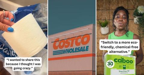 Costco customers express disappointment after buying Kirkland toilet paper rolls (Cover Image Source: TikTok | (L) @cfrancz, (R) @sagejoya) | Costco logo in an outlet. (Representative Cover Image Source: (C) Unsplash | Omar Abascal)