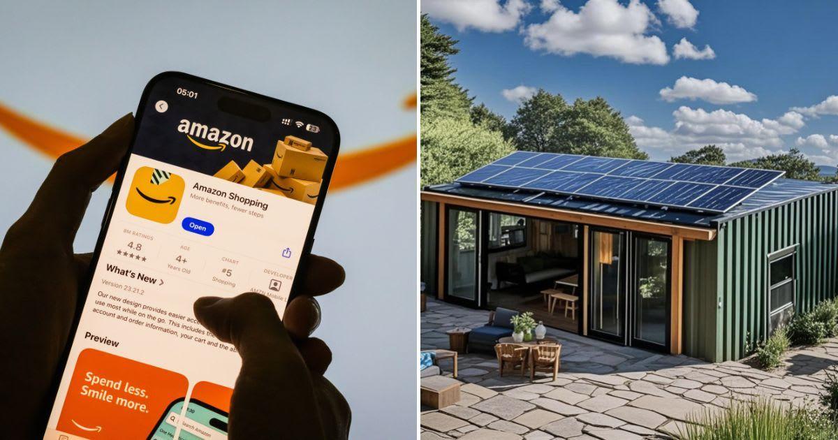 (L) A person ordering on the Amazon app (Representative Cover Image Source: Getty Images | Cheng Xin) | (R) Amazon's Prefabricated Tiny Home. (Cover Image Source: Amazon)