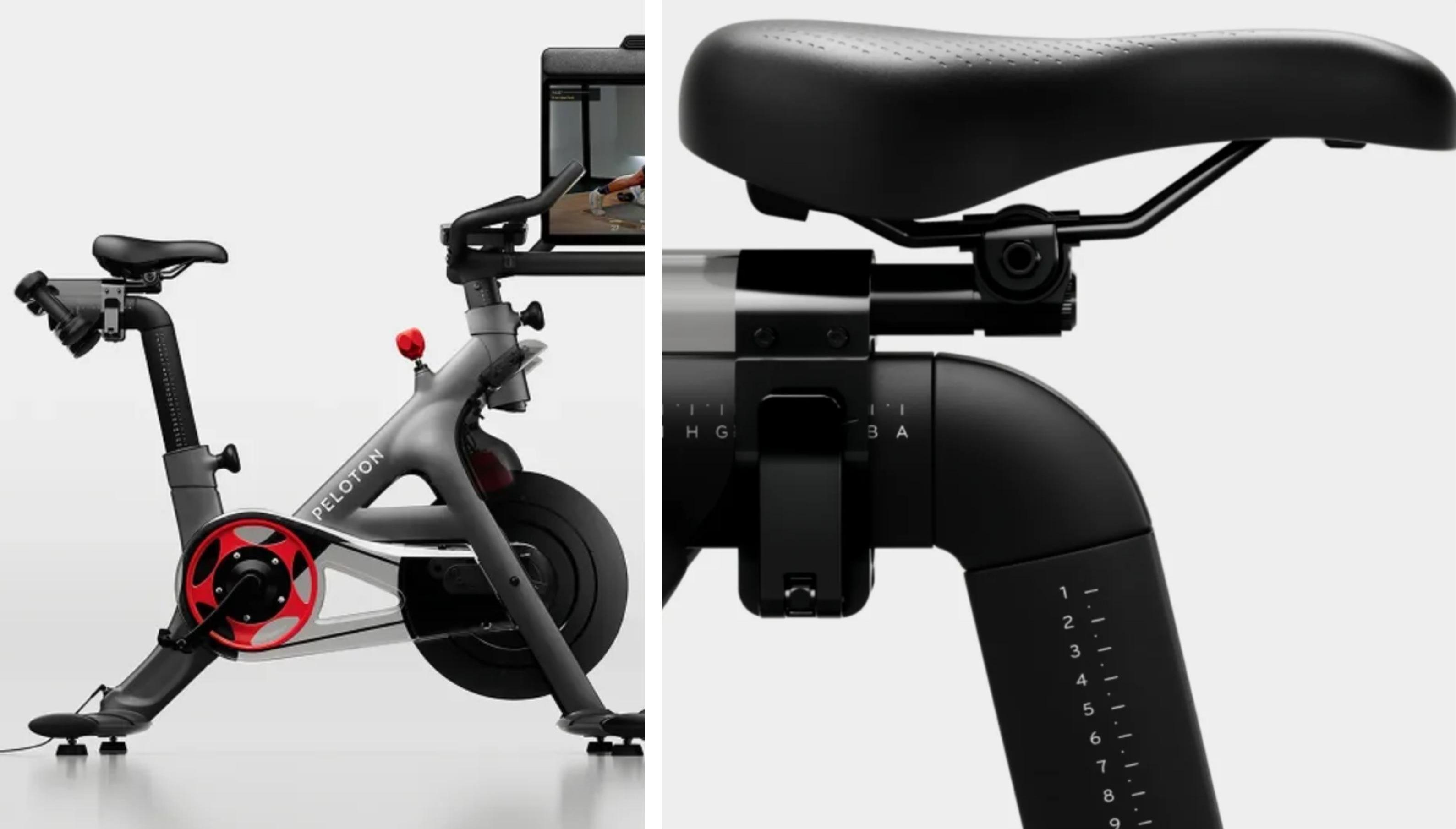 The Peloton Cross Training Bike+ model and seat are pictured.