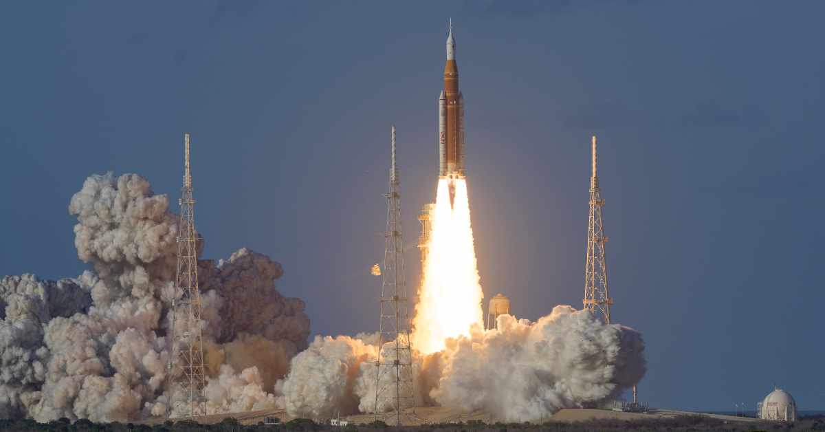 Smoke fills the launch pad as Artemis II takes off