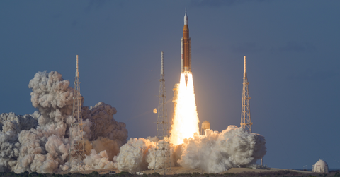 Smoke fills the launch pad as Artemis II takes off