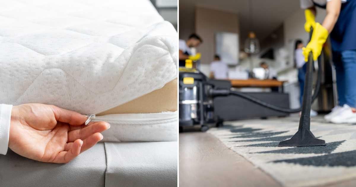 (L) A person opening the cover of a foam mattress. (R) Professional cleaners vacuuming the living room of a home. (Representative Cover Image Sources: Getty Images | (L) Brizmaker (R) Hispanolistic)