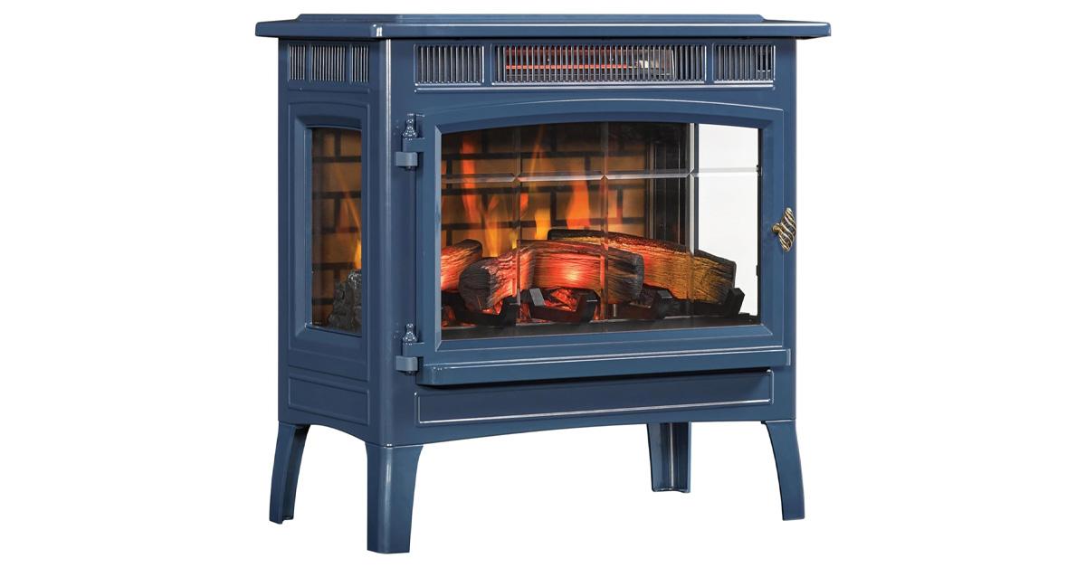 navy blue freestanding fireplace with flames