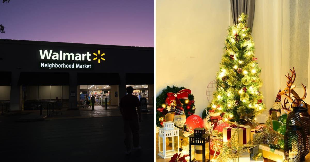 (L) Walmart store's sign glowing at night (Representative Cover Image Source: Getty Images | Slobo) | (R) Walmart offers exciting offers on Costway pre-lit christmas tree (Cover Image Source: Walmart)