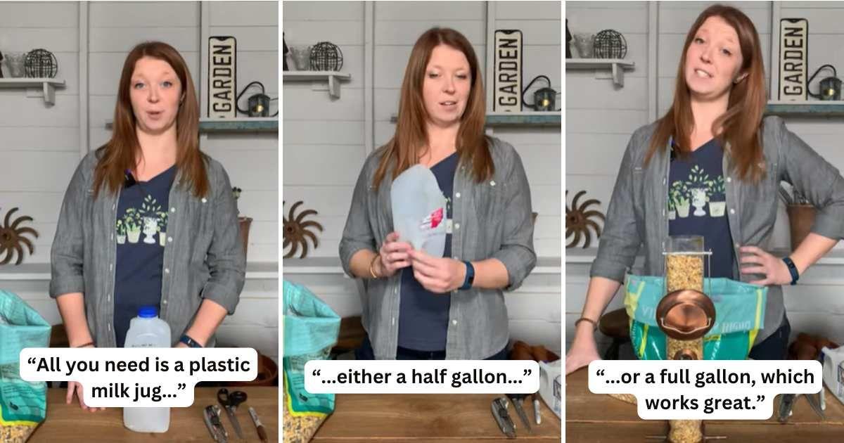 Woman demonstrates how to create a scoop for a bird feeder using an empty milk jug (Cover Image Source: YouTube | @GardenGateMagazine)