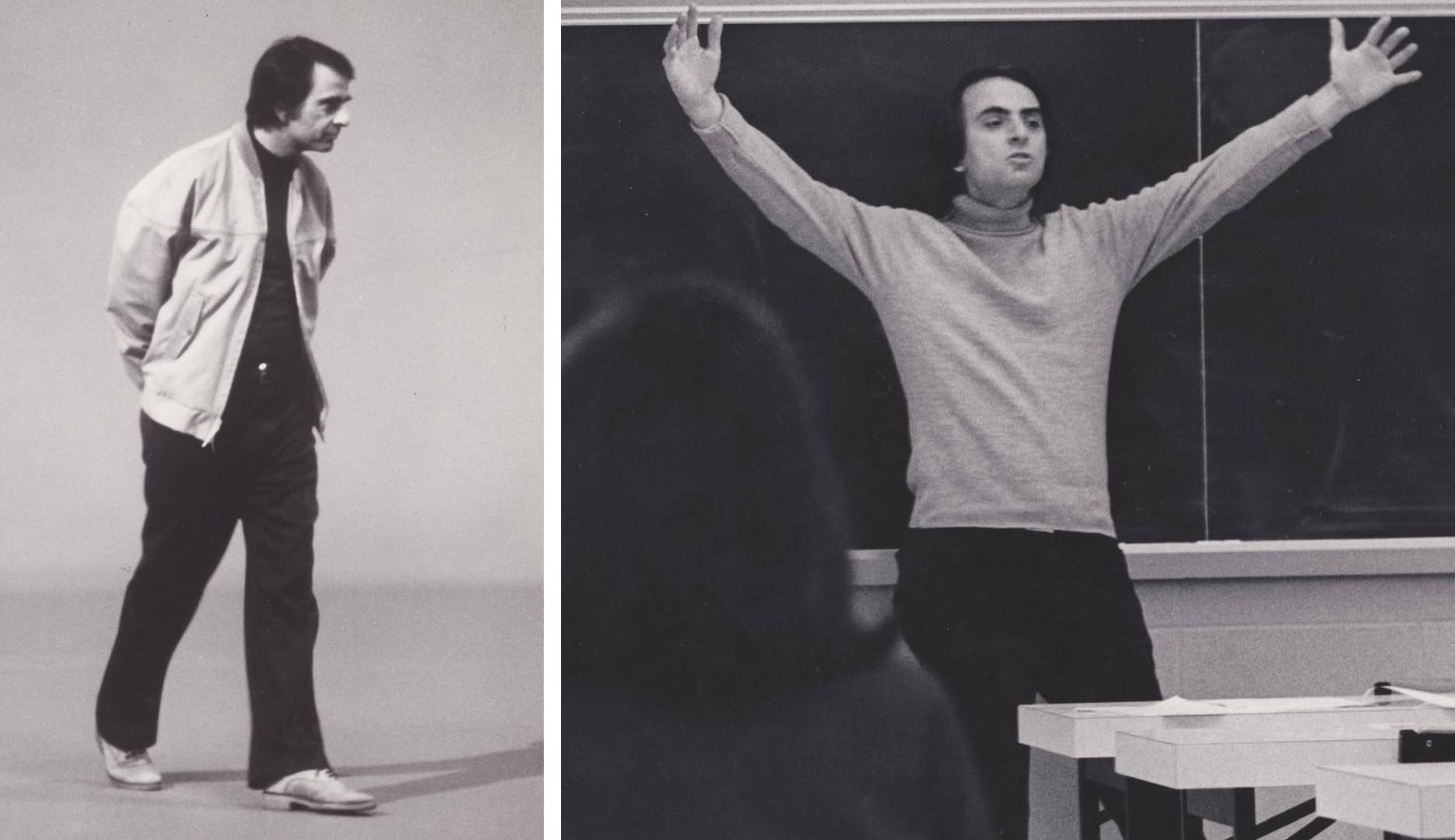 Two pictures of Carl Sagan appear in black and white.