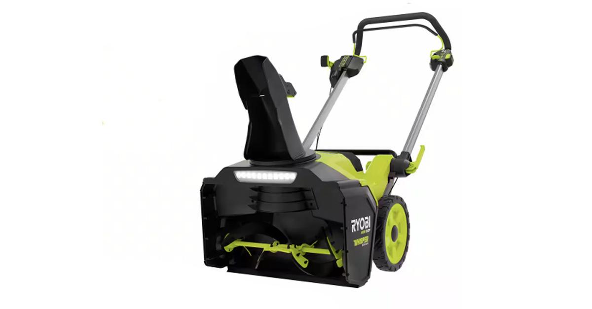 Ryobi cordless snow blower in black and green