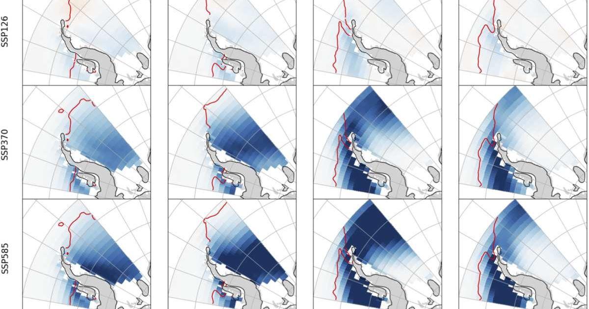 Differences in sea ice concentration for the Antarctic Peninsula, comparing the years 2020–2029 and 2090–2099 CE under three different SSPs. Sea ice margin in the year 2024 is shown (red line). (Cover Image Source: Frontiers in Environmental Science)