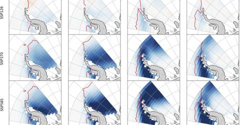 Differences in sea ice concentration for the Antarctic Peninsula, comparing the years 2020–2029 and 2090–2099 CE under three different SSPs. Sea ice margin in the year 2024 is shown (red line). (Cover Image Source: Frontiers in Environmental Science)