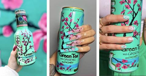 Three different images of a hand holding AriZona green tea