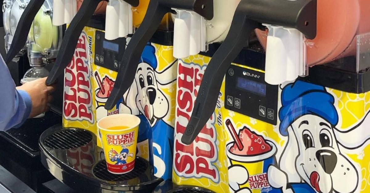 A row of frozen drink machines from Slush Puppie