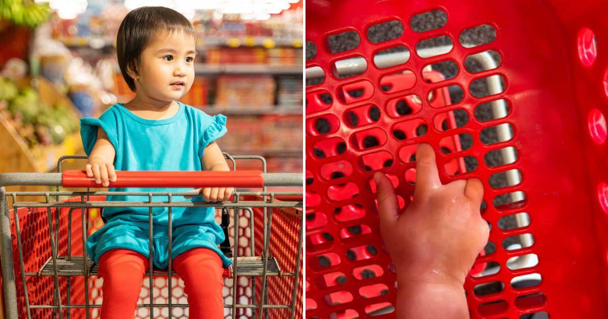 (L) Little girl sitting on a shopping cart in grocery store. (Representative Cover Image Source: Getty Images | Yasser Chalid). (R) McMaugh's daughter's fingers stuck in shopping cart. (Cover Image Source: TikTok | @emannem13)