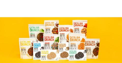 Packages of Catalina Crunch cereal and snacks