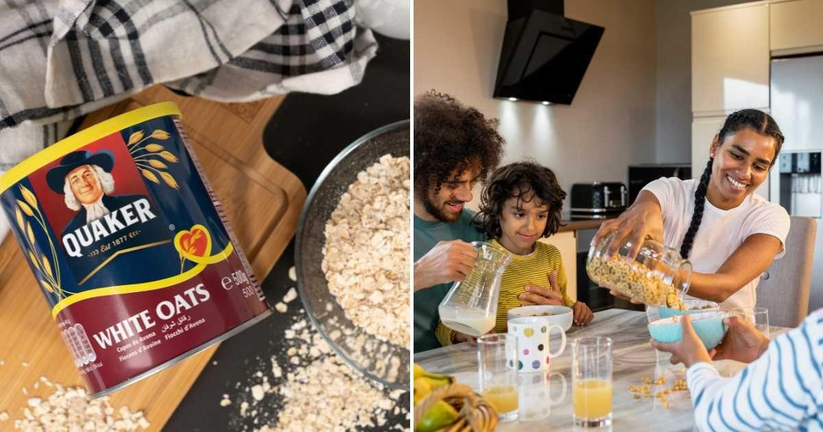 (L) A can of Quaker oats; (R) A mom adding Cheerios to her son's bowl. (Representative Cover Image Source: (L) Unsplash | Abdul Raheem Kannath | (R) Getty Images | SolStock)