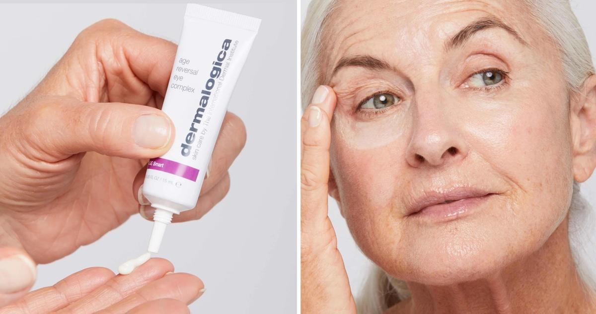 A hand squeezes Dermalogica Age Reversal Eye Complex into another hand; a closeup of a senior woman dabbing eye cream on her face.