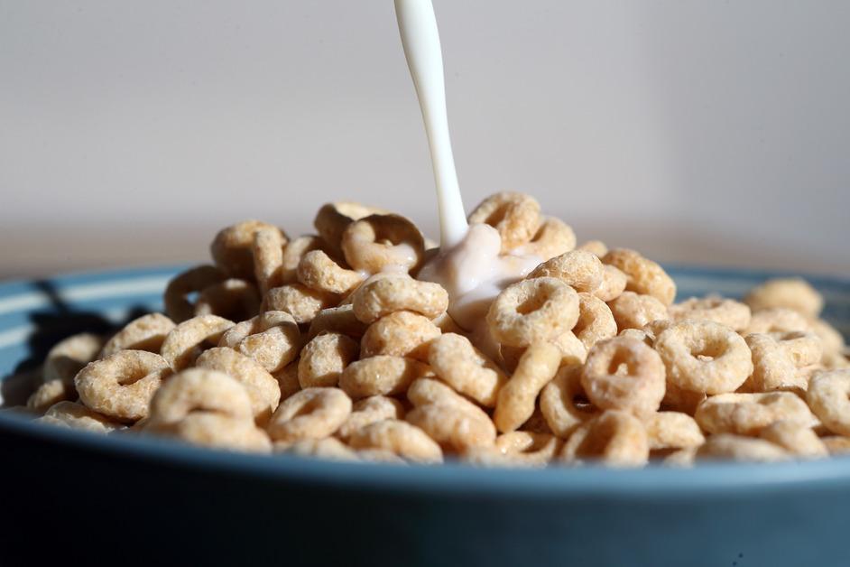 A close up of Cheerios cereal in a blue bowl with milk being poured on top. 