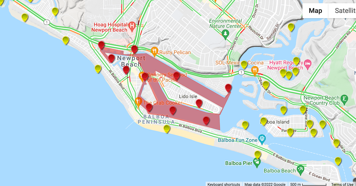 Orange County Health Care Agency's water quality map of Newport Beach, as of Tuesday morning, Feb. 22, 2022.