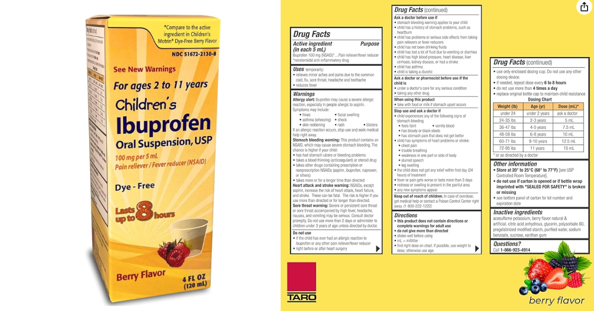Children's Ibuprofen in a yellow box with berry flavoring