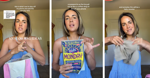 A woman shows the contents of her analog bag