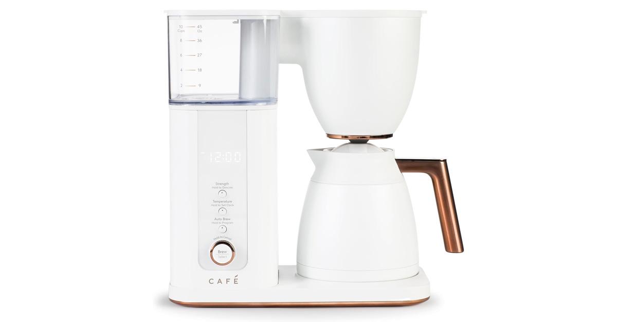 white specialty drip coffee maker with insulated carafe