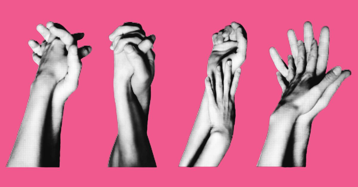 Collage of four different black-and-white photos of pairs of hands holding each other in front of a hot pink background