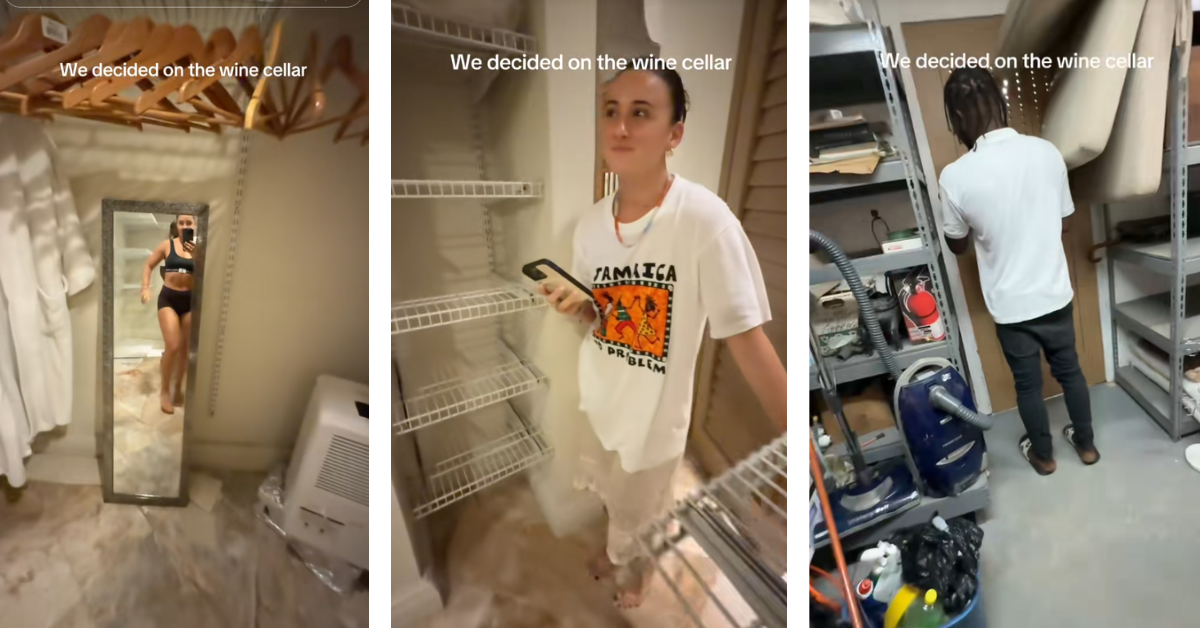 The yoga group tours the villa where they are staying in search of a suitable shelter to ride out the storm