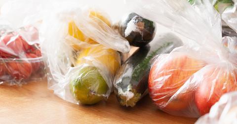 Fruits and vegetables bagged in plastic