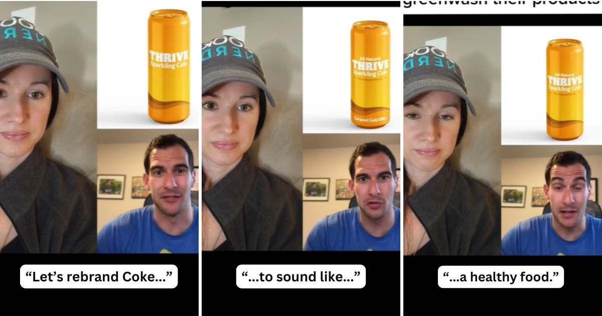 Health advocate creates a faux marketing campaign to advertise a cola can as a healthy drink (Cover Image Source: TikTok | @maggieroseadvocate, @mattrosenman)