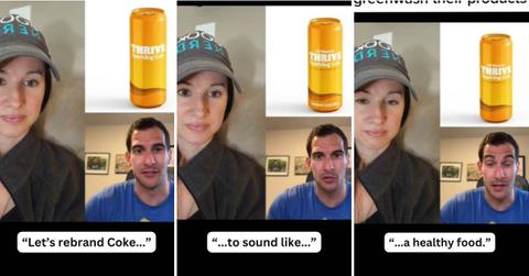 Health advocate creates a faux marketing campaign to advertise a cola can as a healthy drink (Cover Image Source: TikTok | @maggieroseadvocate, @mattrosenman)
