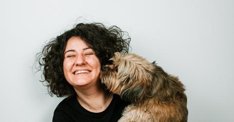 Girl laughing while dog nuzzles her face