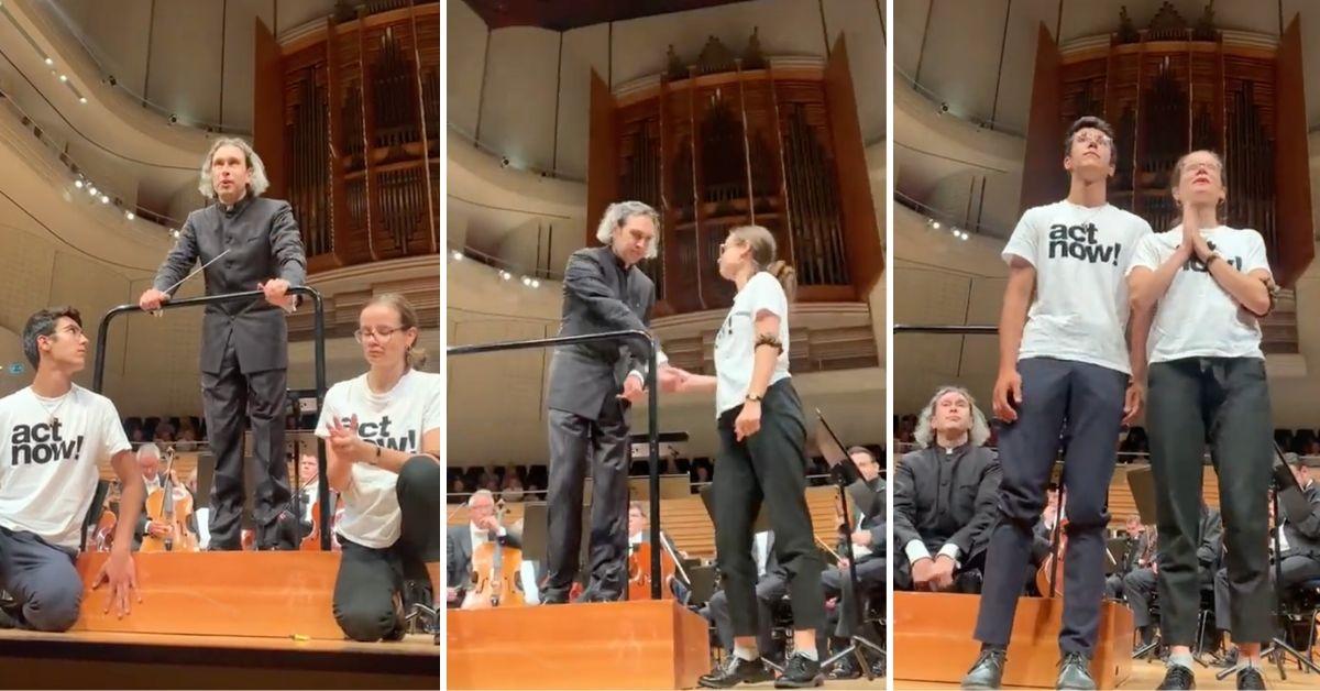 Three screenshots of two climate protesters on a stage in front of conductor Vladimir Jurowski