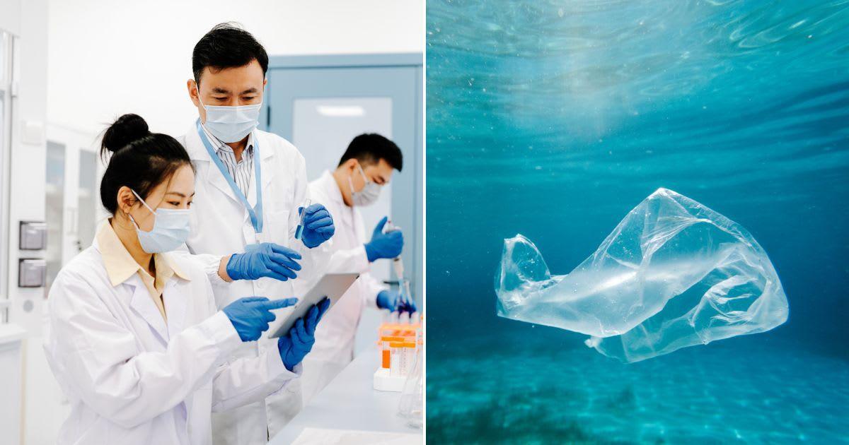 (L) Scientists in a lab experimenting with plastic; (R) A thin transparent plastic bag floating in the ocean. (Representative Cover Image Source: Getty Images | (L) Asia-Pacific Images Studio; (R) MelkiNimages)