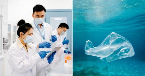 (L) Scientists in a lab experimenting with plastic; (R) A thin transparent plastic bag floating in the ocean. (Representative Cover Image Source: Getty Images | (L) Asia-Pacific Images Studio; (R) MelkiNimages)