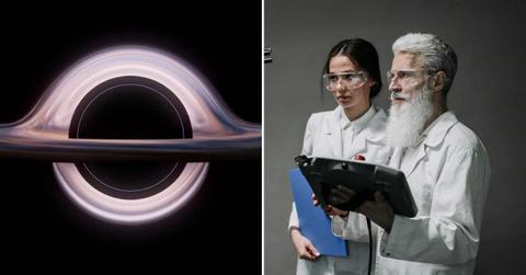 (L) A digital illustration of a black hole. (R) Two scientists observe an experiment. (Representative Cover Image Source: (L) Pixabay | AlexAntropov86, (R) Pexels | Pavel Danilyuk)