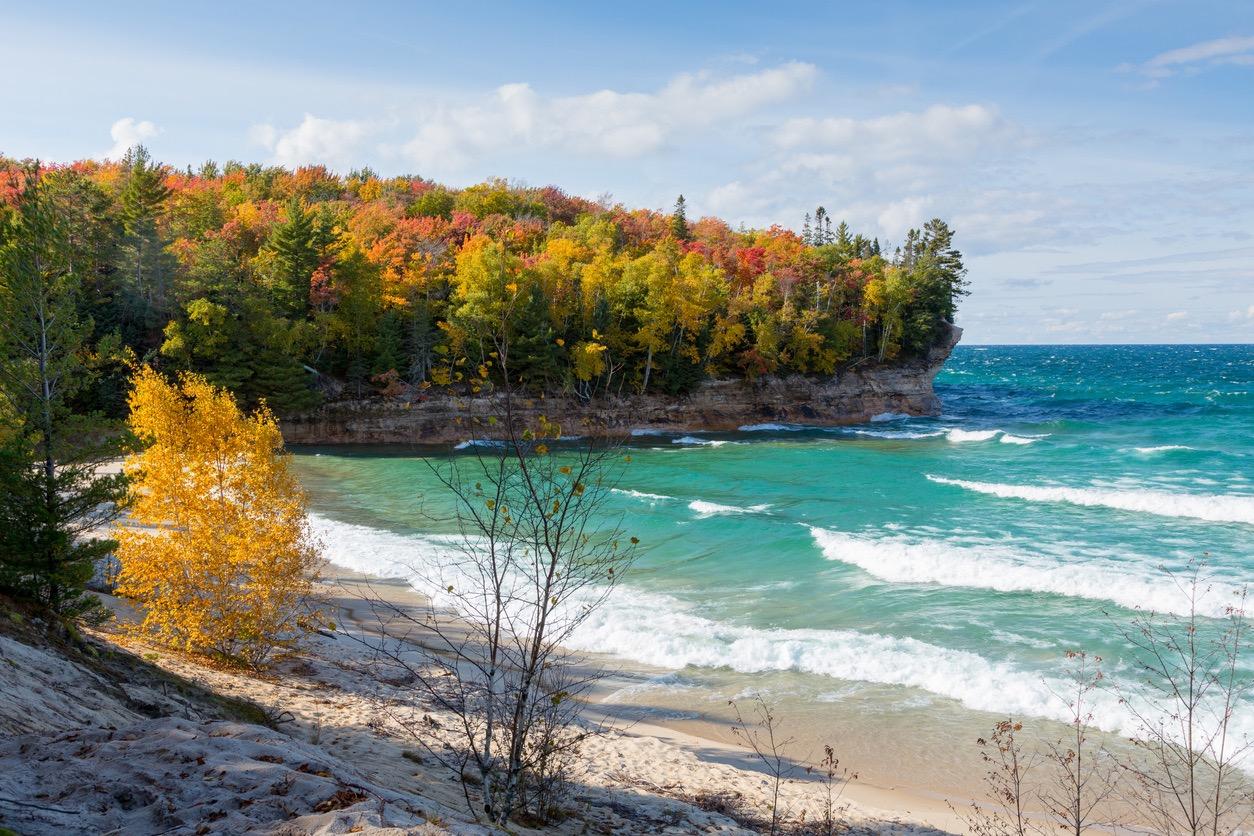 Bright fall foliage along Lake Superior at Pictured Rocks National Lakeshore in Michigan