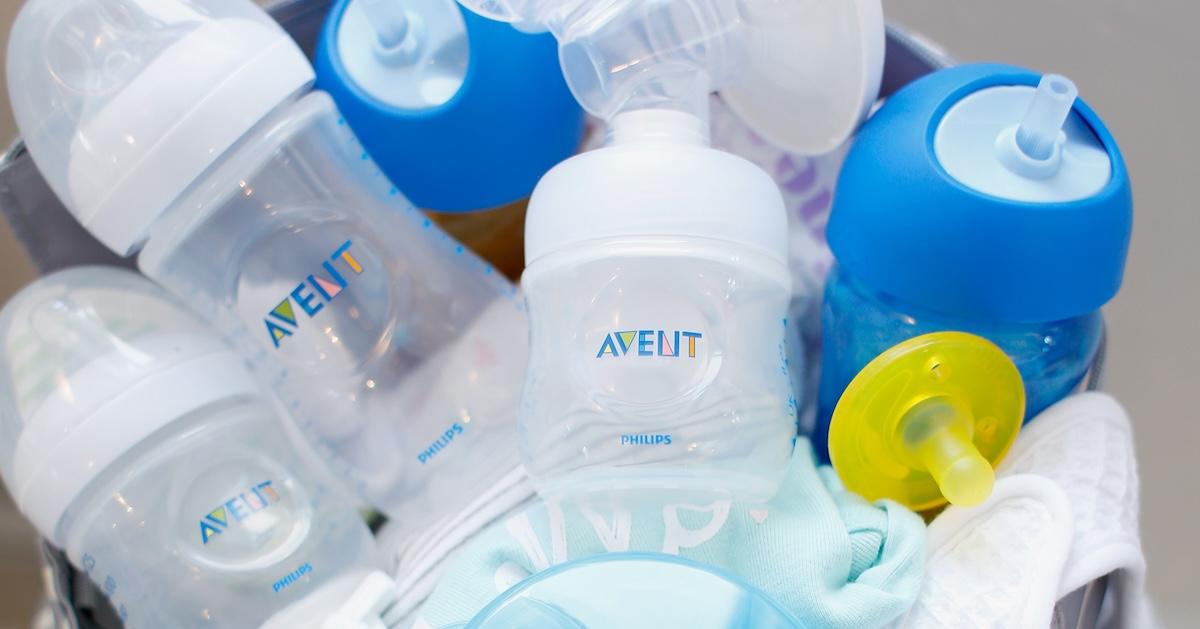 A view of Avent baby products on display in a gift basket.