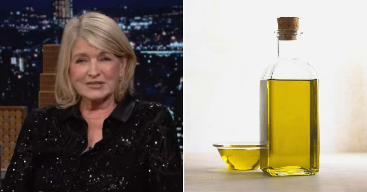 (L) Martha Stewart appearing on Jimmy Fallon's The Tonight Show. (Cover Image Source: YouTube | @fallontonight) | (R) Olive oil in a bottle and a cup. (Representative Cover Image Source: Pixabay | Margenauer )