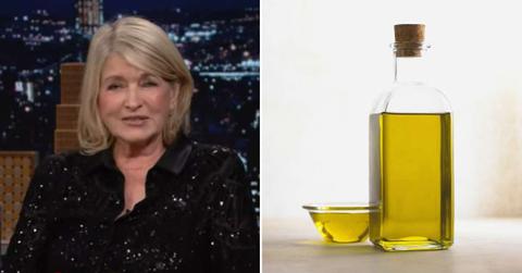 (L) Martha Stewart appearing on Jimmy Fallon's The Tonight Show. (Cover Image Source: YouTube | @fallontonight) | (R) Olive oil in a bottle and a cup. (Representative Cover Image Source: Pixabay | Margenauer )