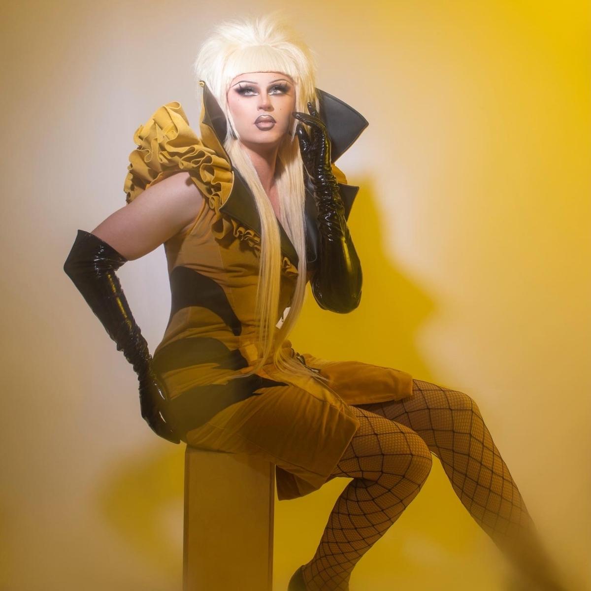 Drag queen Daya Betty wearing a dress inspired by 'Jem and the Holograms' by Zero Waste Daniel