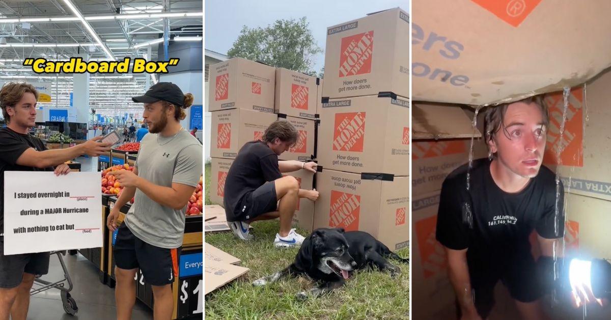 Three screenshots from TikTok video about hurricane shelter made of cardboard boxes.