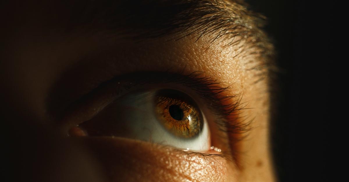 Close-up photograph of a brown eye with brown lashes. 