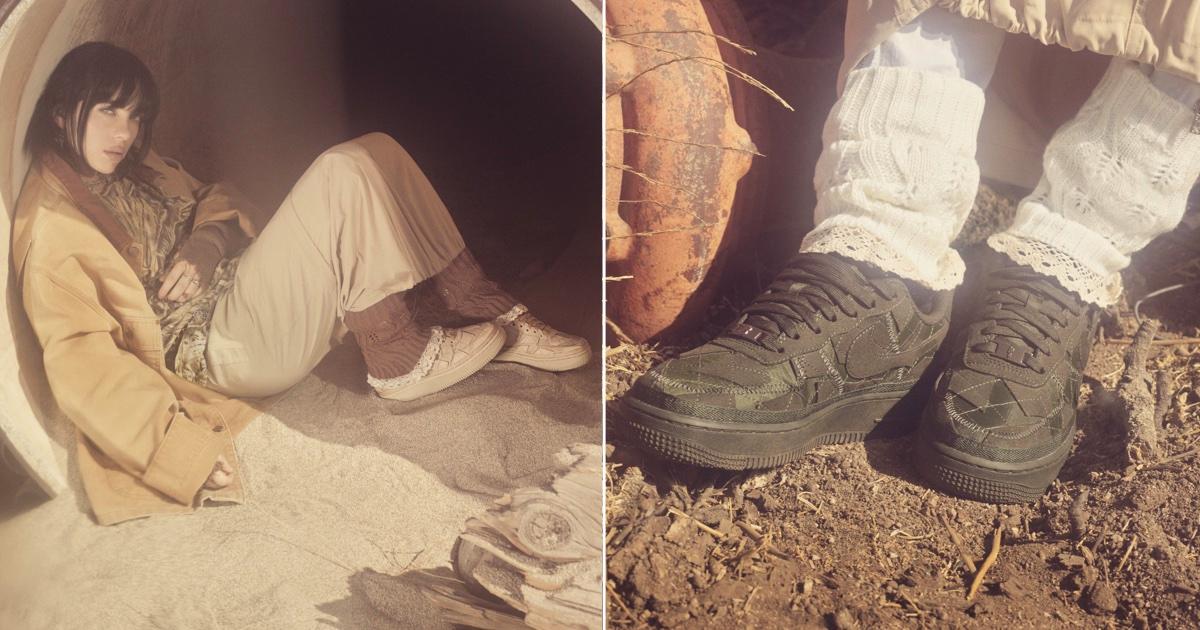 Billie Eilish lounges in the sand wearing a beige outfit, next to a closeup of her feet wearing her Air Force 1s.