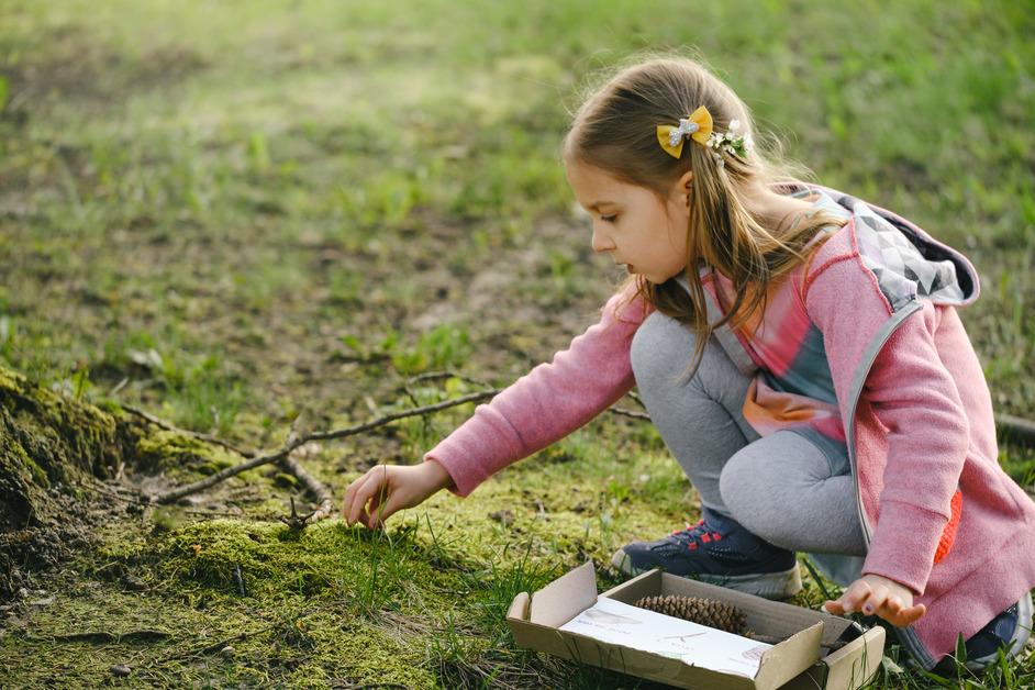 A little girl in a pink jacket reaches for something in the moss while outside collecting items from nature. 