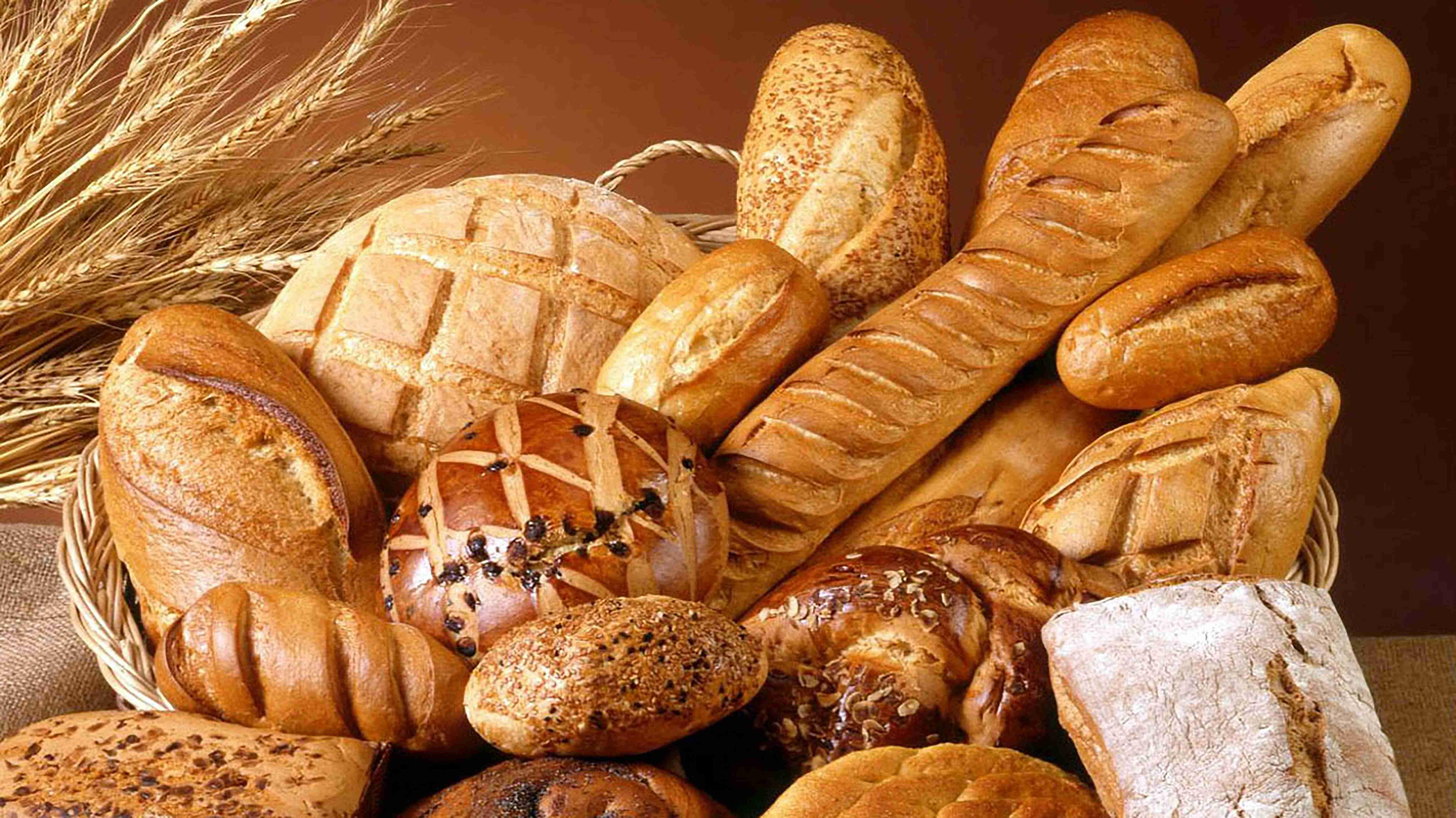 A series of breads of all sizes are pictured grouped together.