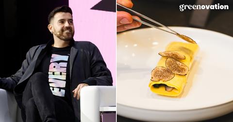 Photo of EVERY Company CEO Arturo Elizondo beside a photo of a chef garnishing an omelette made with the EVERY Egg